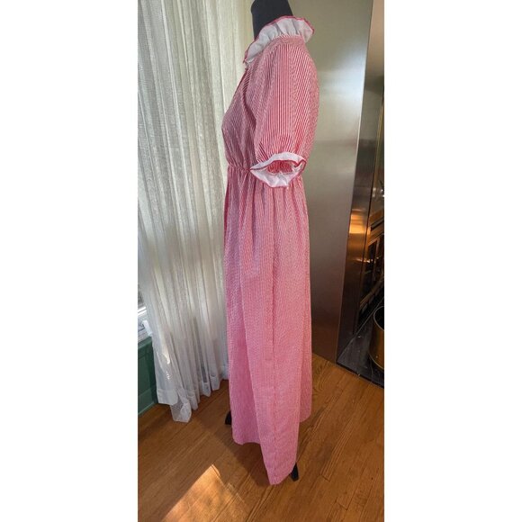 Vintage 70s dress, red striped long shirtdress with elastic waist, ruffled - Picture 4 of 9